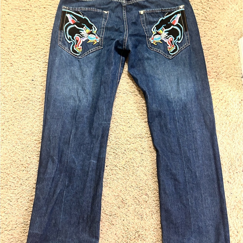 Ed Hardy Blue Straight Jeans with Intricate Embroidery